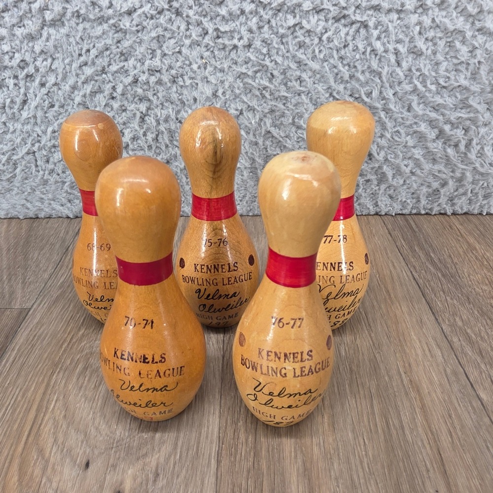 5 Vintage Kennels Bowling League Miniature Wood Trophy Pins 1968-1978